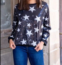 Load image into Gallery viewer, STARS SEQUIN SWEATSHIRT WITH RIBBED KNIT TRIM