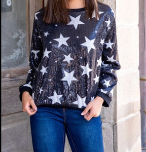 STARS SEQUIN SWEATSHIRT WITH RIBBED KNIT TRIM