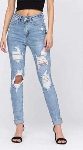 MID WASH KNEE DISTRESSED STRETCHY JEANS