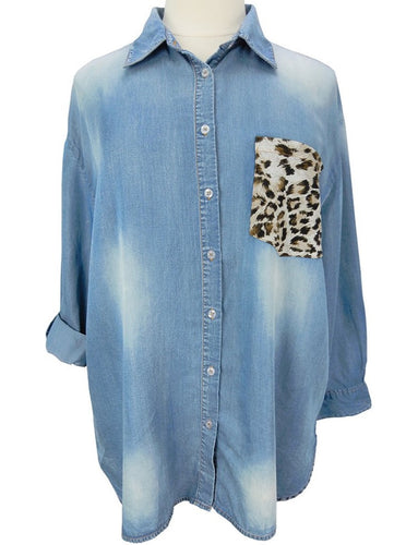 Animal Print Back Long Sleeve Denim Shirt