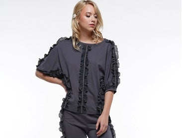 Short Sleeve Pleated Ruffle Trim Knit Top