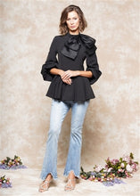 Load image into Gallery viewer, Bow Neck Puff Sleeve Peplum Top