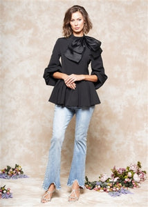 Bow Neck Puff Sleeve Peplum Top