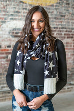 Load image into Gallery viewer, STARS BLACK SCARF W / IVORY FRINGE