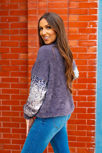 GREY SWEATER WITH SEQUIN SLEEVES