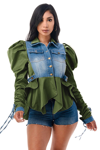 Double Collar Lime Denim Jacket