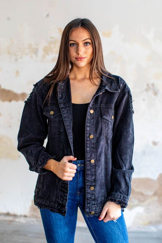 DISTRESSED BLACK STONE WASH DENIM JACKET