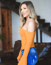 Load image into Gallery viewer, Orange Ruffle Sleeve Off The Shoulder Bodysuit