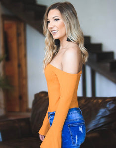 Orange Ruffle Sleeve Off The Shoulder Bodysuit
