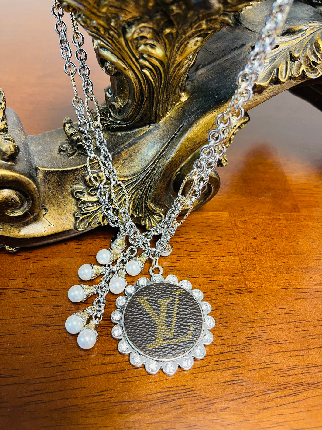 Double Chain Link Necklace with pearls and upcycled charm