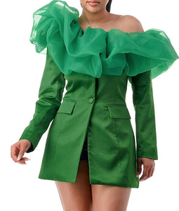 Off the Shoulder Tulle Ruffle Satin Blazer