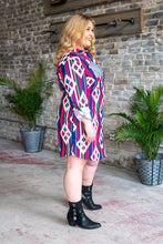 Load image into Gallery viewer, NAVY PINK SERAPE BUTTON DOWN DRESS WITH SEQUIN POCKETS