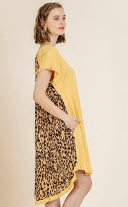 Short Sleeve Round Neck Animal Print Back Dress with High Low Fishtail Scoop Ruffle Hem