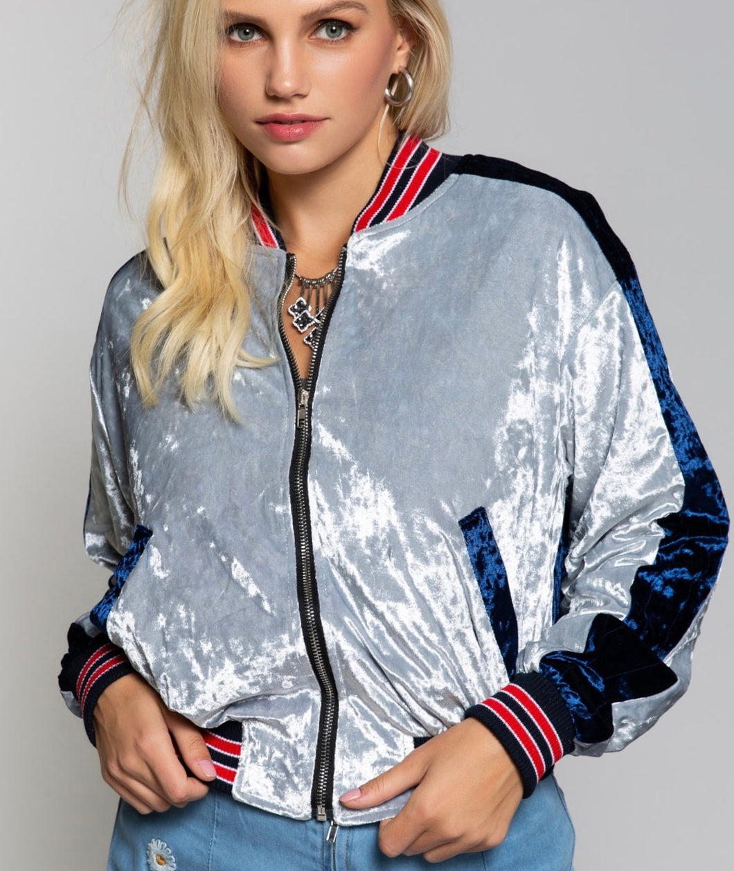 BLUE VELVET BOMBER JACKET