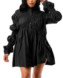 Ruched Long Puff Sleeve Mini Top Dress