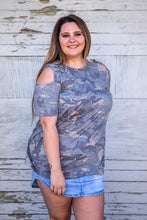 Load image into Gallery viewer, Vintage Camo Cold Shoulder Criss Cross Top Plus