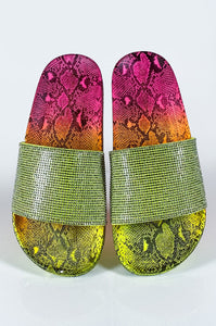 Neon Yellow & Pink Tye Dye Slide On Flip Flops with Glitter Rhinestones