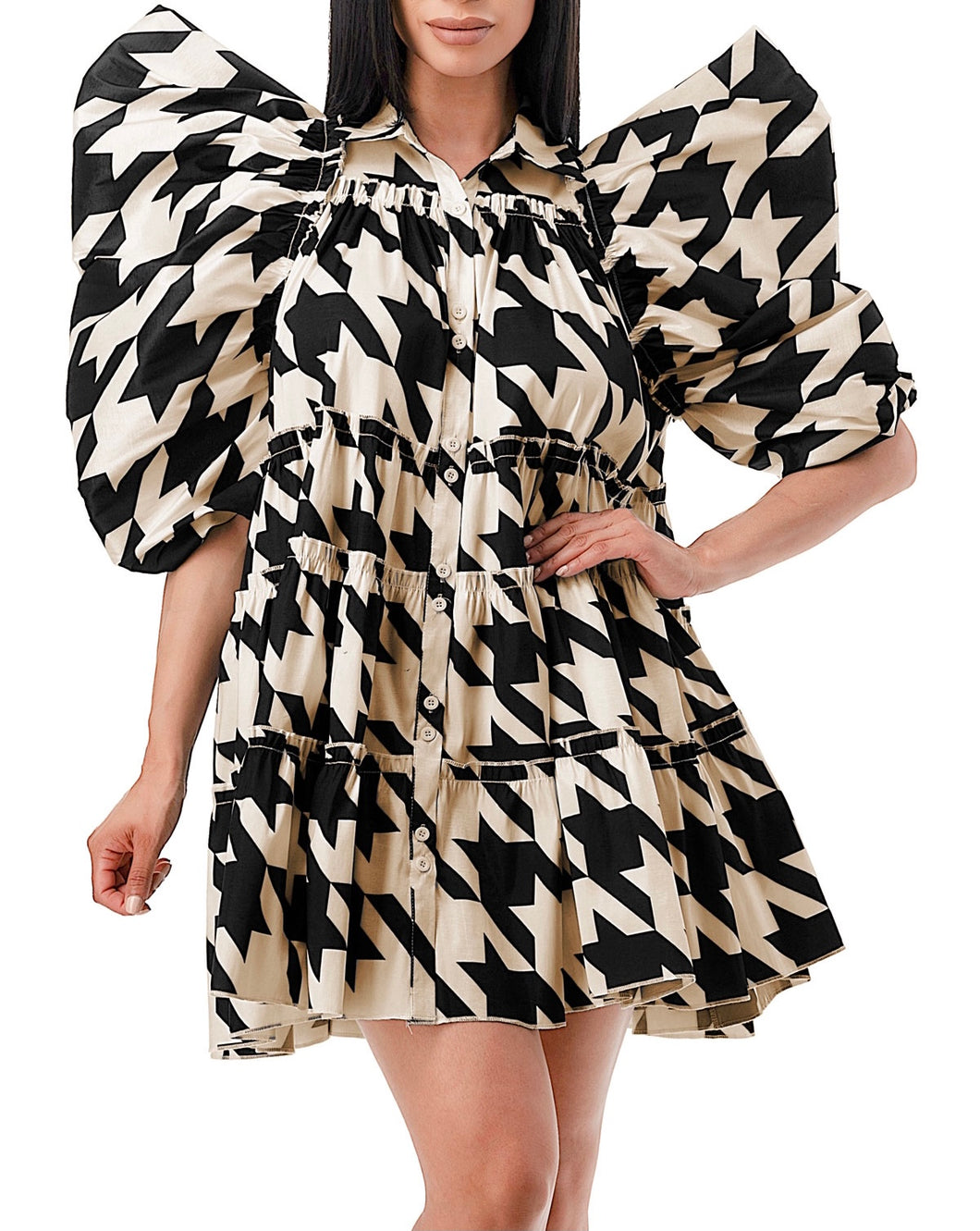 Black Houndstooth Big Puff Ballon Dress