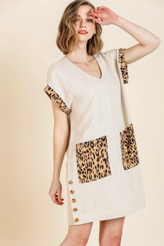 Animal Print Short Folded Sleeve V-Neck Dress w/ Side Button and Front Pockets