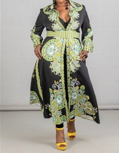 Jewel Collar Button Down Printed Dress