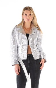Sequin and Faux Leather Motorcycle Jacket