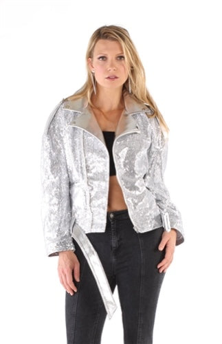 Sequin and Faux Leather Motorcycle Jacket