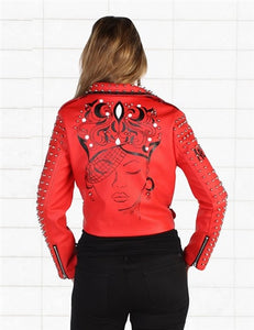 RED FAUX LEATHER STUD JACKET