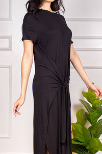 Black Jersey Slit Dress with Front Tie