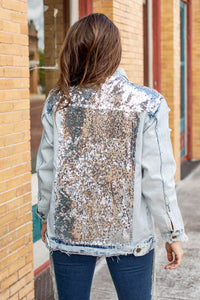 DISTRESSED DENIM JACKET WITH BLUE IRIDESCENT SEQUIN DETAIL