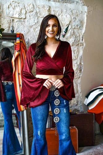 Burgundy Velvet Crop Bell Sleeve Top