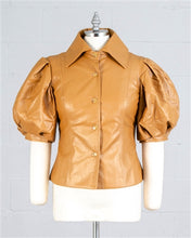 Load image into Gallery viewer, Faux Leather Puff Sleeve Button-up Top