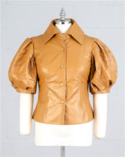 Faux Leather Puff Sleeve Button-up Top
