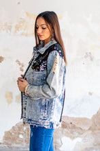 Load image into Gallery viewer, DISTRESSED DENIM JACKET WITH BLACK SEQUIN DETAIL