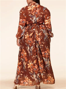 Side Cut Glazed Printed Maxi Dress with Pleats