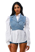 Load image into Gallery viewer, Puff Sleeve Shirt with Denim Crop Set