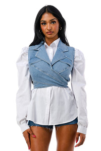 Double Collar Adjustable Tie Puff White Long Sleeve Ruffle Jacket