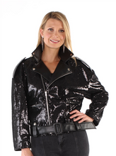 Load image into Gallery viewer, Sequin and Faux Leather Motorcycle Jacket