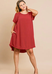 Juster Red Round Neck Pocket Dress with Fringe Short Sleeves and a High Low Scoop Hem