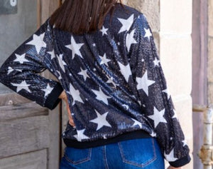 STARS SEQUIN SWEATSHIRT WITH RIBBED KNIT TRIM