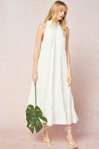 Solid mock neck sleeveless tiered maxi dress