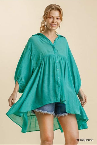 COLLAR BUTTON DOWN BACK TIERED TUNIC