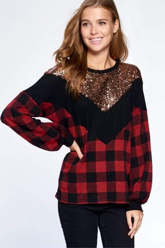 RED/BLACK BUFFALO PLAID TOP WITH ROSE GOLD SEQUIN