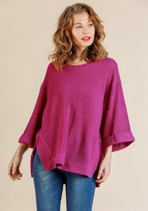 High Low Side Slit Waffle Knit Rolled Sleeve Top