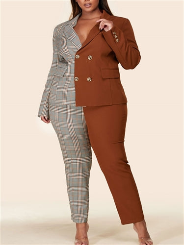 Plaid and Brown Color Block 2 Pc Suit