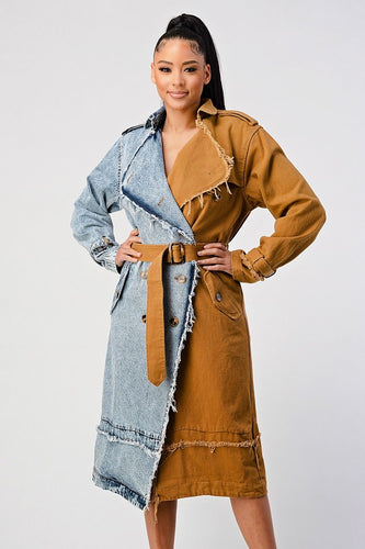 Denim Color Block Trench Coat