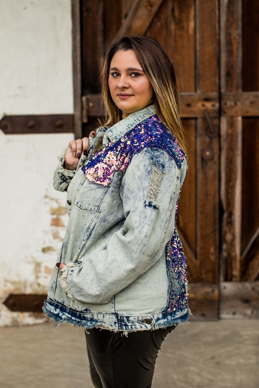 DISTRESSED DENIM JACKET WITH BLUE IRIDESCENT SEQUIN DETAIL