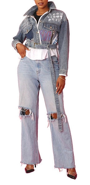 Belted Crop Denim Jacket With Paint and white Shirt Trim