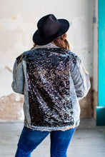 Load image into Gallery viewer, DISTRESSED DENIM JACKET WITH BLACK SEQUIN DETAIL