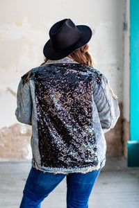 DISTRESSED DENIM JACKET WITH BLACK SEQUIN DETAIL