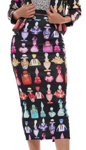 Back Zip Perfume Bottle Print Pencil Skirt